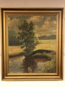 Continental School : Trees by a lake, oil on canvas, indistinctly signed,