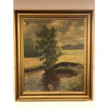 Continental School : Trees by a lake, oil on canvas, indistinctly signed,