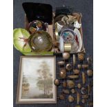 Two boxes containing glassware, contemporary wall clock, pictures, plates,