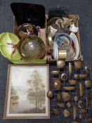 Two boxes containing glassware, contemporary wall clock, pictures, plates,