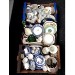 Three boxes containing blue and white willow pattern china, various tea china,