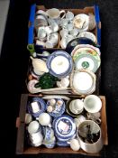 Three boxes containing blue and white willow pattern china, various tea china,