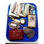 A tray containing oriental lacquered table box, Rotbart blade sharpener,