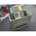 Two metal military storage crates with two spare lids
