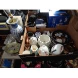 A box containing a Chinese blue and white pottery lamp base, glassware, lustre jug,