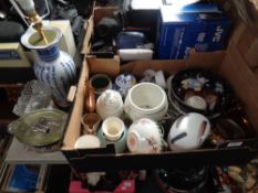 A box containing a Chinese blue and white pottery lamp base, glassware, lustre jug,