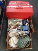 Two boxes containing ornaments, vase, glass mantle clock, plates, Lurpak toast racks,