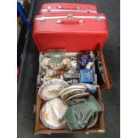 Two boxes containing ornaments, vase, glass mantle clock, plates, Lurpak toast racks,