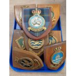 A tray of 18 military wooden plaques bearing crests