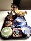 A tray of Border Fine Arts sheep dog figures, Maling lustre ashtray, Wedgwood trinket box,