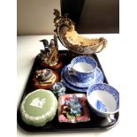 A tray of Border Fine Arts sheep dog figures, Maling lustre ashtray, Wedgwood trinket box,