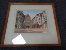 A 20th century watercolour with pastel overlay depicting a French street scene,