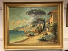 A Giraldo : Villa by a coast with mountains beyond, oil on canvas, 47 cm x 62 cm, signed.