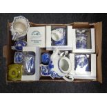 A box of boxed and unboxed Ringtons blue and white china
