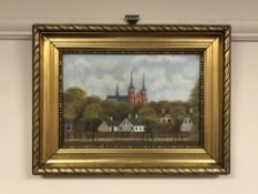 Continental School : Church buildings in a town, oil on canvas, 29 cm x 19 cm,