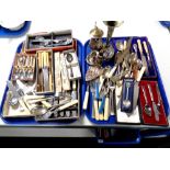 Two trays containing plated and stainless steel cutlery (boxed and unboxed), plated teapot,