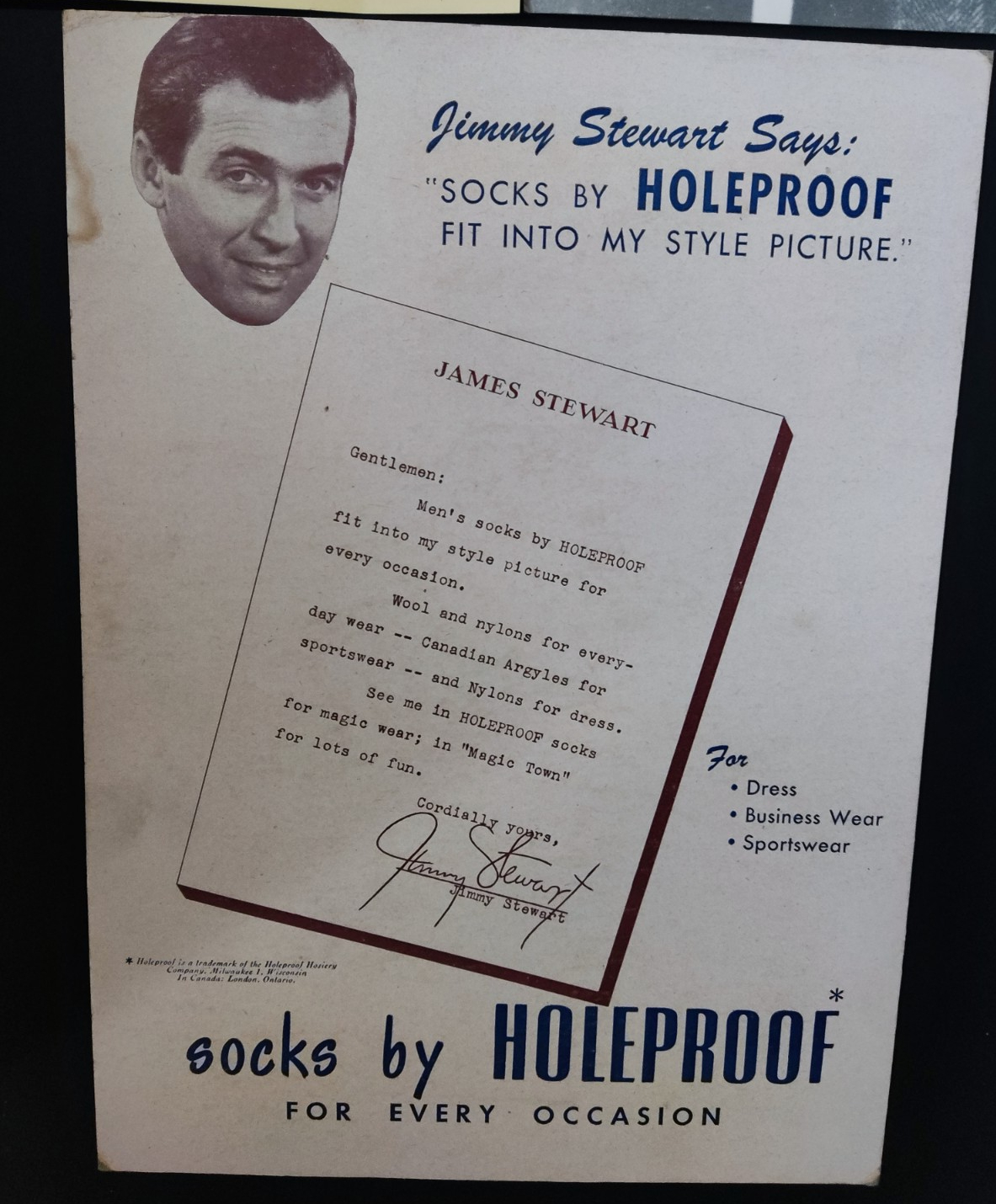 Vintage James Stewart 1940's advertising board for Socks by 'Holeproof' along with Humphrey Bogart - Image 2 of 2