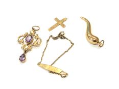 A 9ct gold amethyst pendant and three further 9ct items. CONDITION REPORT: 6.