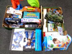 Two boxes containing new and used children's toys including LEGO, Power Rangers, Transformers,