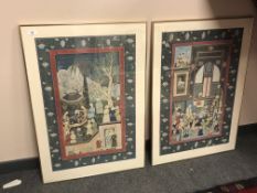 A pair of far eastern watercolours depicting figures in a temple, each 50 x 77 cm.