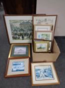 A box containing assorted pictures including a Lowry tapestry and prints, T McArdle signed print,