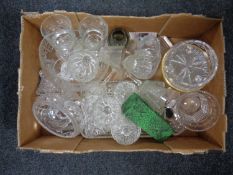 A box containing assorted glassware including bowls, a basket, a paperweight, drinking glasses etc.