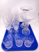 A tray containing assorted glassware to include two lead crystal vases,