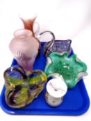 A tray containing six pieces of art glass including Mdina glass bud vase.