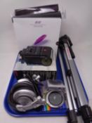 A tray containing miscellanea including a Wotan camera flash, Air Dynamic headphones,