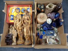 Two boxes of Chinese tea ware, Chinese resin figures, blue glass ware,