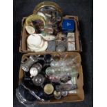 Two boxes containing miscellanea including a brass porthole mirror,