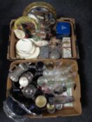 Two boxes containing miscellanea including a brass porthole mirror,
