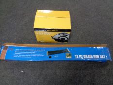 A Handy Power 1010W electric hand saw together with a 12 piece drain rod set (boxed).