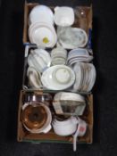 Three boxes containing a large quantity of assorted dinnerware, Pyrex dishes,