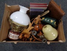A box containing miscellanea to include a hanging brass and ceramic light fitting with glass shade,