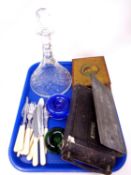 A tray containing miscellanea to include a camera, lead crystal ships decanter, cigar box,