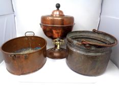 Three pieces of antique copper including a tea urn,
