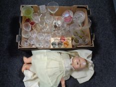 A box of 20th century and later drinking glasses, decanter,