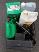 A box containing petrol cans, cash boxes, washing up liquid, compressor attachments etc.