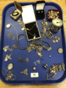 A tray of antique and later jewellery including silver locket and chains, cuff links, earrings,