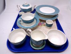 A tray containing part antique Wedgwood tea and dinner service together with a further cake plate.