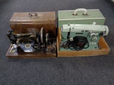 A Whiteley universal vintage hand sewing machine in case together with a further Pinnock electric