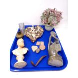 A tray containing miscellanea to include polished stone, abstract sculpture,
