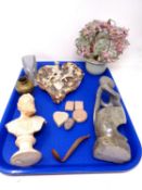 A tray containing miscellanea to include polished stone, abstract sculpture,
