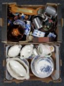 Two boxes containing miscellanea to include antique blue and white poppy dinnerware,