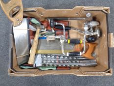 A box of good quality hand tools, drill bits, braces,