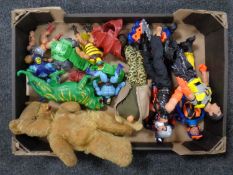 A box containing vintage mohair teddy bear (AF) together with Action Man and He-Man figures and