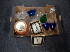 A box containing miscellanea including two scorpion specimens in frames,