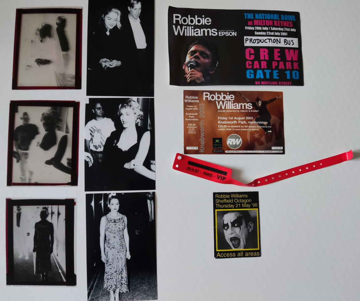 Vintage early 1990s negatives of Madonna together with Robbie Williams concert tickets from the