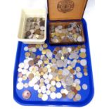A tray containing cigar box and tub containing a large quantity of foreign coinage, British crowns,